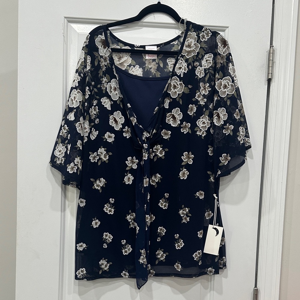 Chic Navy Floral Sheer Blouse